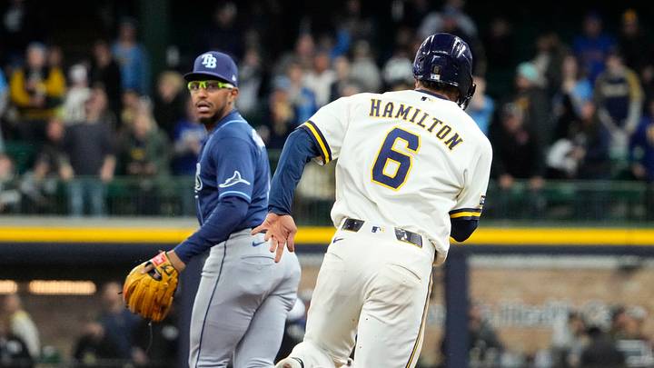 Apr 1, 2026; Milwaukee, Wisconsin, USA; Milwaukee Brewers second baseman David Hamilton (6) got halfway around second base before having to return to first base as the ball was caught by a Tampa Bay Rays outfielder in the third inning at American Family Field. Mandatory Credit: Michael McLoone-Imagn Images Apr 1, 2026; Milwaukee, Wisconsin, USA; Milwaukee Brewers second baseman David Hamilton (6) got halfway around second base before having to return to first base as the ball was caught by a Tampa Bay Rays outfielder in the third inning at American Family Field. Mandatory Credit: Michael McLoone-Imagn Images