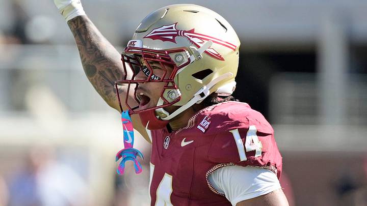 Sep 26, 2026; Tallahassee, Florida, USA; Florida State Seminoles defensive back Ma'Khi Jones (14) celebrates a defensvive stop during the second half against the Central Arkansas Bears at Doak S. Campbell Stadium. Mandatory Credit: Melina Myers-Imagn Images Sep 26, 2026; Tallahassee, Florida, USA; Florida State Seminoles defensive back Ma'Khi Jones (14) celebrates a defensvive stop during the second half against the Central Arkansas Bears at Doak S. Campbell Stadium. Mandatory Credit: Melina Myers-Imagn Images