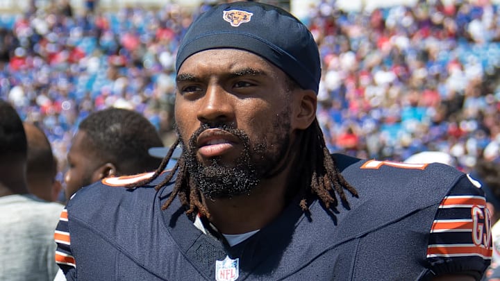 Chicago Bears offensive tackle Braxton Jones on the sidelines during a preseason game against the Buffalo Bills.