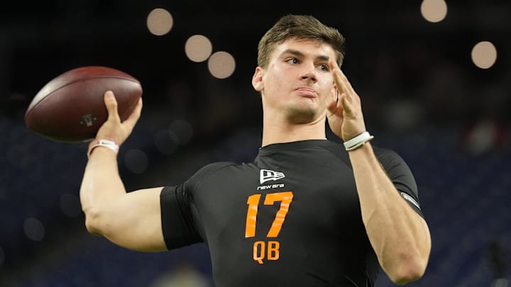 Feb 28, 2026; Indianapolis, IN, USA; Alabama quarterback Ty Simpson (QB17) during the NFL Scouting Combine at Lucas Oil Stadium. Mandatory Credit: Kirby Lee-Imagn Images