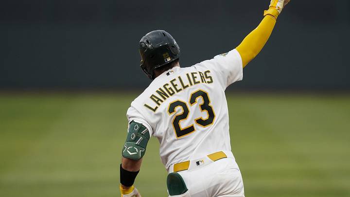 Jun 8, 2026; Summerlin, Nevada, USA; Athletics catcher Shea Langeliers (23) celebrates after hitting a solo home run during the first inning against the Milwaukee Brewers at the Las Vegas Ballpark. Mandatory Credit: Lucas Peltier-Imagn Images