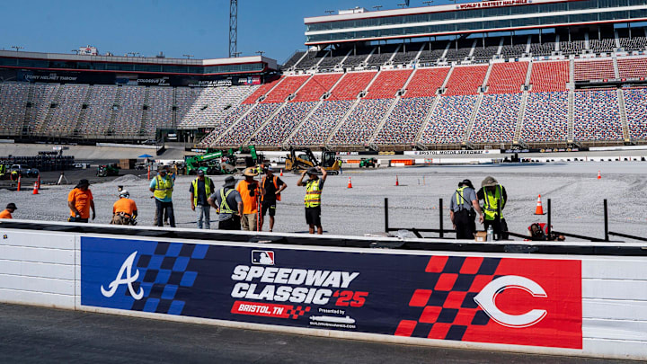 Construction of the baseball field in progress during a media event at Bristol Motor Speedway on June 24, 2025, ahead of the MLB Speedway Classic game between the Atlanta Braves and the Cincinnati Reds held at the racetrack.