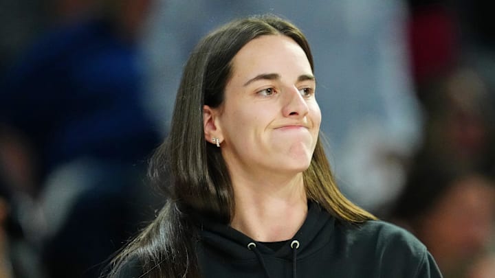Sep 30, 2025; Las Vegas, Nevada, USA; Indiana Fever guard Caitlin Clark (22) reacts from the bench after a play made by the Las Vegas Aces during the fourth quarter of game five of the second round for the 2025 WNBA Playoffs at Michelob Ultra Arena. Mandatory Credit: Stephen R. Sylvanie-Imagn Images