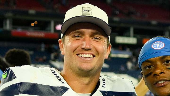 Seattle Seahawks quarterback Drew Lock poses for a photo