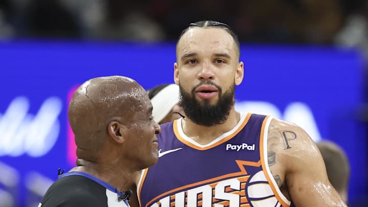 Dec 5, 2025; Houston, Texas, USA; Phoenix Suns forward Dillon Brooks (3) reacts in front of a referee during the first quarter against the Houston Rockets at Toyota Center. Mandatory Credit: Troy Taormina-Imagn Images Dec 5, 2025; Houston, Texas, USA; Phoenix Suns forward Dillon Brooks (3) reacts in front of a referee during the first quarter against the Houston Rockets at Toyota Center. Mandatory Credit: Troy Taormina-Imagn Images