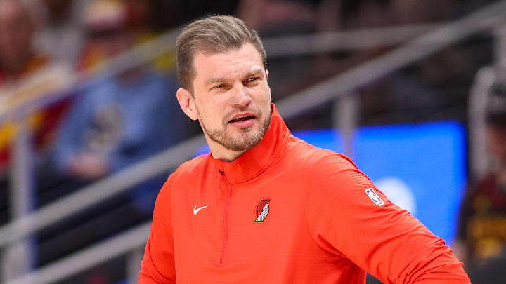 Mar 1, 2026; Atlanta, Georgia, USA; Portland Trail Blazers coach Tiago Splitter on the sideline against the Atlanta Hawks in the first quarter at State Farm Arena. Mandatory Credit: Brett Davis-Imagn Images