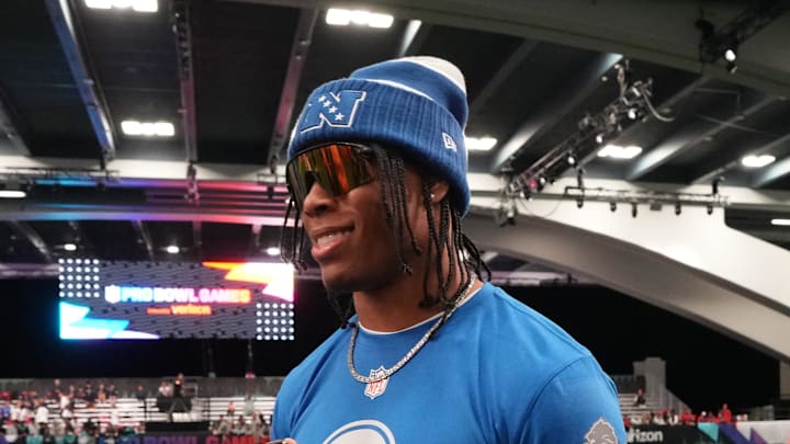 Feb 1, 2026; San Francisco, CA, USA; Detroit Lions running back Jahmyr Gibbs (0) during NFC practice at the Flag Fieldhouse Moscone Center South Building. Mandatory Credit: Kirby Lee-Imagn Images