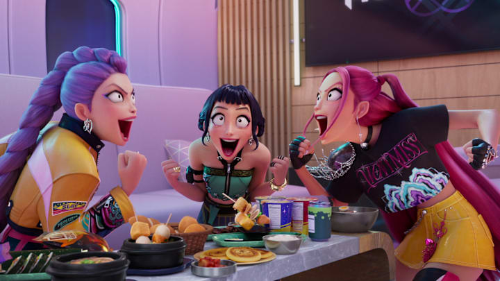 (L-R) Rumi (voice by ARDEN CHO), Zoey (voice by JI-YOUNG YOO) and Mira (voice by MAY HONG) in KPop Demon Hunters