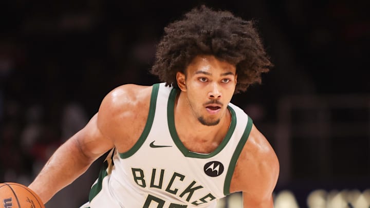 Milwaukee Bucks center Jericho Sims (00) handles the ball against the Atlanta Hawks at State Farm Arena on Mar 14, 2026.