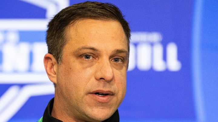 Feb 27, 2024; Indianapolis, IN, USA; Kansas City Chiefs General Manager Brett Veach talks to the media at the 2024 NFL Combine at Indiana Convention Center. Mandatory Credit: Trevor Ruszkowski-Imagn Images