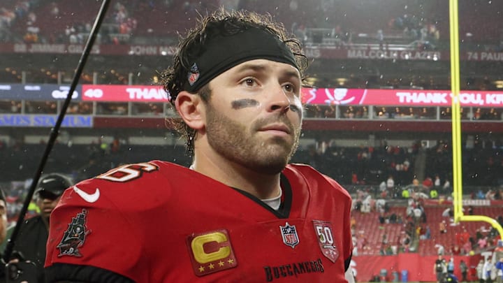 Jan 3, 2026; Tampa, Florida, USA; Tampa Bay Buccaneers quarterback Baker Mayfield (6) leaves the field after defeating the Carolina Panthers at Raymond James Stadium. Mandatory Credit: Nathan Ray Seebeck-Imagn Images