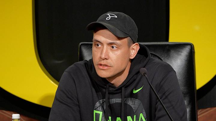Oregon quarterbacks coach Koa Ka'ai speaks to media on April 7, 2026, in Eugene, Oregon. Oregon quarterbacks coach Koa Ka'ai speaks to media on April 7, 2026, in Eugene, Oregon.