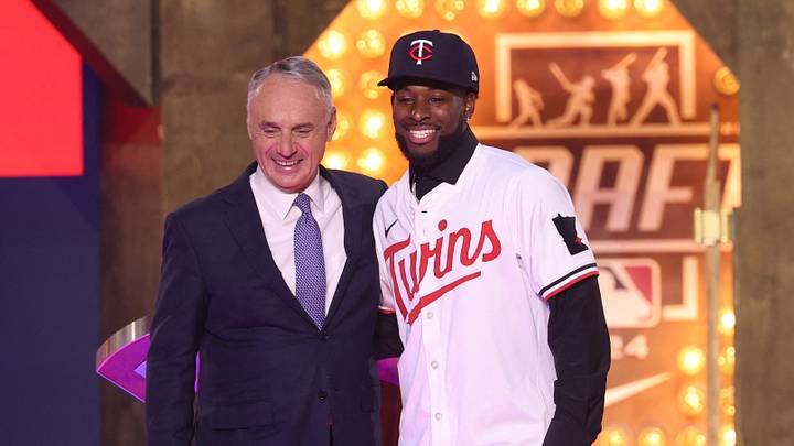 Jul 14, 2024; Ft. Worth, TX, USA; MLB Commissioner Rob Manfred takes a photo with Kaelen Culpepper after he was drafted by the Minnesota Twins with the 21st pick during the first round of the MLB Draft at Cowtown Coliseum. Mandatory Credit: Kevin Jairaj-USA TODAY Sports Jul 14, 2024; Ft. Worth, TX, USA; MLB Commissioner Rob Manfred takes a photo with Kaelen Culpepper after he was drafted by the Minnesota Twins with the 21st pick during the first round of the MLB Draft at Cowtown Coliseum. Mandatory Credit: Kevin Jairaj-USA TODAY Sports