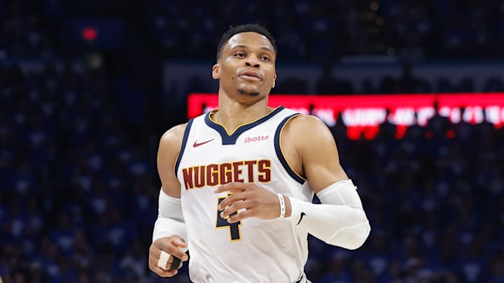 May 18, 2025; Oklahoma City, Oklahoma, USA; Denver Nuggets guard Russell Westbrook (4) runs down the court against the Oklahoma City Thunder in the second quarter during game seven of the second round for the 2025 NBA Playoffs at Paycom Center. Mandatory Credit: Alonzo Adams-Imagn Images