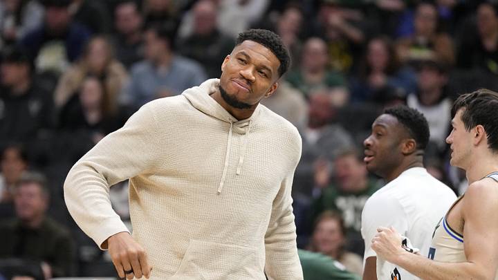 Apr 10, 2026; Milwaukee, Wisconsin, USA; Milwaukee Bucks forward Giannis Antetokounmpo reacts following a play during the second quarter against the Brooklyn Nets at Fiserv Forum. Mandatory Credit: Jeff Hanisch-Imagn Images Apr 10, 2026; Milwaukee, Wisconsin, USA; Milwaukee Bucks forward Giannis Antetokounmpo reacts following a play during the second quarter against the Brooklyn Nets at Fiserv Forum. Mandatory Credit: Jeff Hanisch-Imagn Images