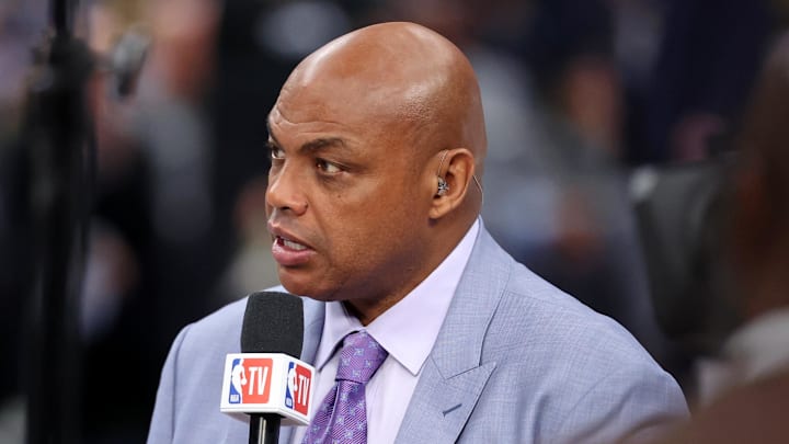 Jun 12, 2024; Dallas, Texas, USA; NBA TV analyst Charles Barkley talks on set before game three of the 2024 NBA Finals between the Boston Celtics and the Dallas Mavericks at American Airlines Center. Mandatory Credit: Kevin Jairaj-Imagn Images