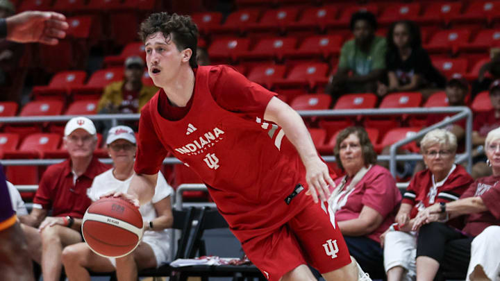 Indiana senior guard Conor Enright drives to the rim Aug. 6, 2025, against UDB in Carolina, Puerto Rico. Indiana won 98-47.