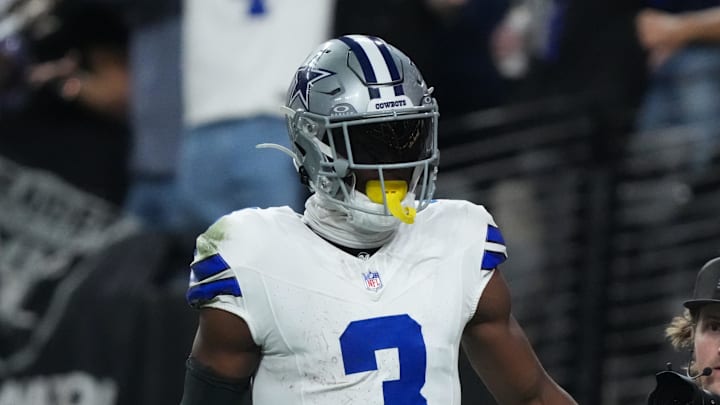 Nov 17, 2025; Paradise, Nevada, USA; Dallas Cowboys wide receiver George Pickens (3) reacts after scoring a touchdown against the Las Vegas Raiders during the first half at Allegiant Stadium. Mandatory Credit: Kirby Lee-Imagn Images