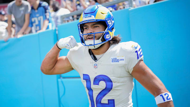 Los Angeles Rams wide receiver Puka Nacua (12) celebrates his touchdown against the Tennessee Titans during the first quarter at Nissan Stadium in Nashville, Tenn., Sunday, Sept. 14, 2025.