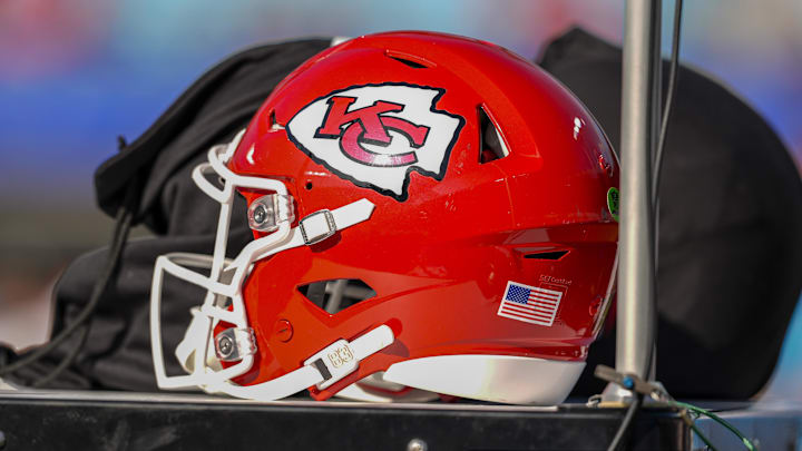 Nov 24, 2024; Charlotte, North Carolina, USA; Kansas City Chiefs helmet during pregame warmups against the Carolina Panthers at Bank of America Stadium. Mandatory Credit: Jim Dedmon-Imagn Images