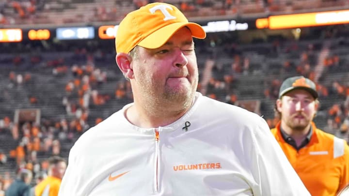 Tennessee coach Josh Heupel winks after a college football game between Tennessee and Arkansas at Neyland Stadium in Knoxville, Tenn., on Oct. 11, 2025.