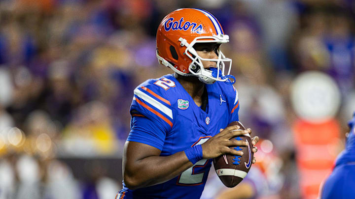 Nov 16, 2024; Gainesville, Florida, USA; Florida Gators quarterback DJ Lagway (2) looks to pass the ball against the LSU Tigers during the second half at Ben Hill Griffin Stadium. Mandatory Credit: Matt Pendleton-Imagn Images