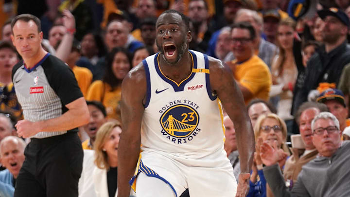Apr 15, 2025; San Francisco, California, USA; Golden State Warriors forward Draymond Green (23) reacts after being called for his sixth foul of the game against the Memphis Grizzlies in the fourth quarter at the Chase Center. Mandatory Credit: Cary Edmondson-Imagn Images