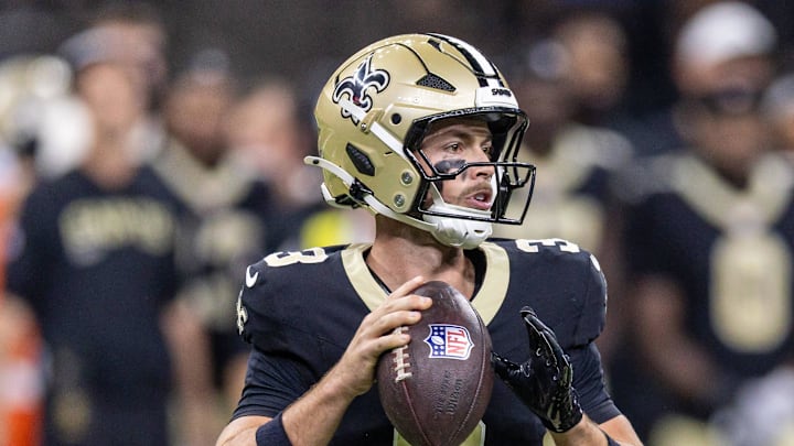 Aug 23, 2025; New Orleans, Louisiana, USA; New Orleans Saints quarterback Jake Haener (3) drops back to pass against Denver Broncos during the second half at Caesars Superdome. Mandatory Credit: Stephen Lew-Imagn Images