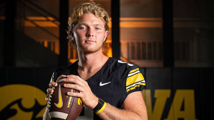 Iowa quarterback Hank Brown (9) stands for a portrait during Hawkeye football media day, Friday, Aug. 14, 2026, in Iowa City. Iowa quarterback Hank Brown (9) stands for a portrait during Hawkeye football media day, Friday, Aug. 14, 2026, in Iowa City.