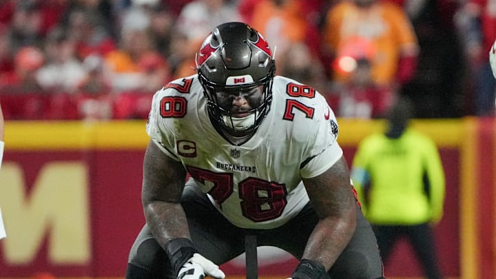 Nov 4, 2024; Kansas City, Missouri, USA; Tampa Bay Buccaneers offensive tackle Tristan Wirfs (78) at the line of scrimmage against the Kansas City Chiefsduring the game at GEHA Field at Arrowhead Stadium. Mandatory Credit: Denny Medley-Imagn Images