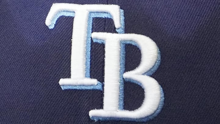 Mar 30, 2026; Milwaukee, Wisconsin, USA; A detailed view of the Tampa Bay Rays hat at American Family Field.