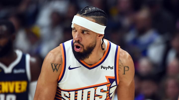 Oct 25, 2025; Denver, Colorado, USA; Phoenix Suns forward Dillon Brooks (3) reacts after making a shot during the first half against the Denver Nuggets at Ball Arena. Mandatory Credit: Christopher Hanewinckel-Imagn Images