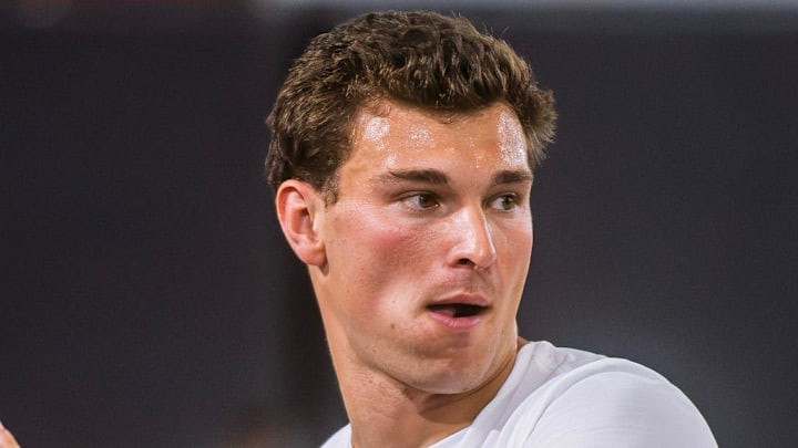 Fernando Mendoza participates in Indiana University's Pro Day at Mellencamp Pavilion on Wednesday, April 1, 2026.