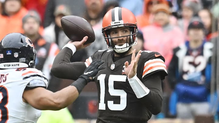 Dec 17, 2023; Cleveland, Ohio, USA; Cleveland Browns quarterback Joe Flacco (15) throws a pass as