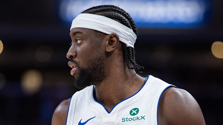 Apr 12, 2026; Indianapolis, Indiana, USA;  Detroit Pistons guard Caris LeVert (8) in the second half against the Indiana Pacers at Gainbridge Fieldhouse. Mandatory Credit: Trevor Ruszkowski-Imagn Images