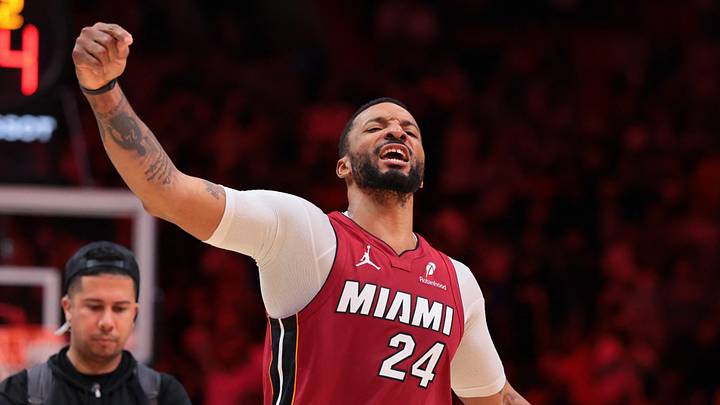 Jan 13, 2026; Miami, Florida, USA; Miami Heat guard Norman Powell (24) reacts after scoring against the Phoenix Suns during the fourth quarter at Kaseya Center. Mandatory Credit: Sam Navarro-Imagn Images Jan 13, 2026; Miami, Florida, USA; Miami Heat guard Norman Powell (24) reacts after scoring against the Phoenix Suns during the fourth quarter at Kaseya Center. Mandatory Credit: Sam Navarro-Imagn Images