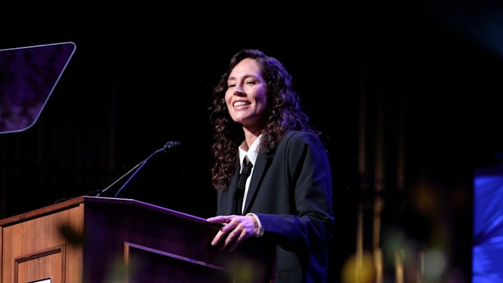 Women's Basketball Hall of Fame Inductee, Sue Bird, gives her remarks during the 2025 Women’s Basketball Hall of Fame Induction Ceremony at the Tennessee Theatre, June 14, 2025, in Knoxville, Tenn. (Shawn Millsaps/Special to News Sentinel)