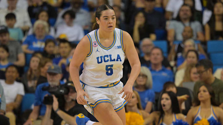 Feb 1, 2026; Los Angeles, California, USA;  UCLA Bruins guard Charlisse Leger-Walker (5) handles the ball in the first half against the Iowa Hawkeyes at Pauley Pavilion presented by Wescom Financial. Mandatory Credit: Jayne Kamin-Oncea-Imagn Images