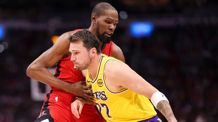 Mar 16, 2026; Houston, Texas, USA; Los Angeles Lakers guard Luka Doncic (77) dribbles the ball as Houston Rockets forward Kevin Durant (7) defends during the third quarter at Toyota Center. Mandatory Credit: Troy Taormina-Imagn Images Mar 16, 2026; Houston, Texas, USA; Los Angeles Lakers guard Luka Doncic (77) dribbles the ball as Houston Rockets forward Kevin Durant (7) defends during the third quarter at Toyota Center. Mandatory Credit: Troy Taormina-Imagn Images