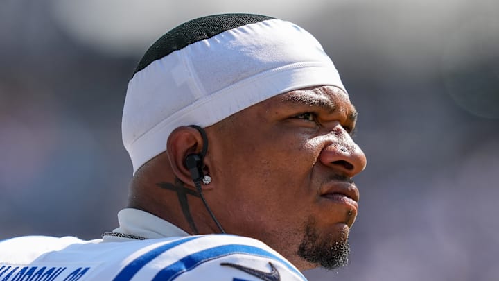 Anthony Richardson of the Indianapolis Colts looks on Anthony Richardson of the Indianapolis Colts looks on