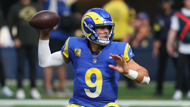 Nov 2, 2025; Inglewood, California, USA; Los Angeles Rams quarterback Matthew Stafford (9) looks to pass the ball against the New Orleans Saints during the first half at SoFi Stadium. Mandatory Credit: Kiyoshi Mio-Imagn Images