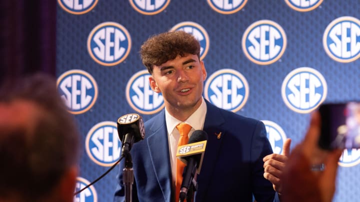 Florida Gators quarterback Graham Mertz speaking at SEC Media Days