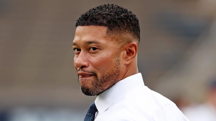 Sep 13, 2025; South Bend, Indiana, USA; Notre Dame Fighting Irish head coach Marcus Freeman looks on during warmups before the game against Texas A&M Aggies at Notre Dame Stadium.