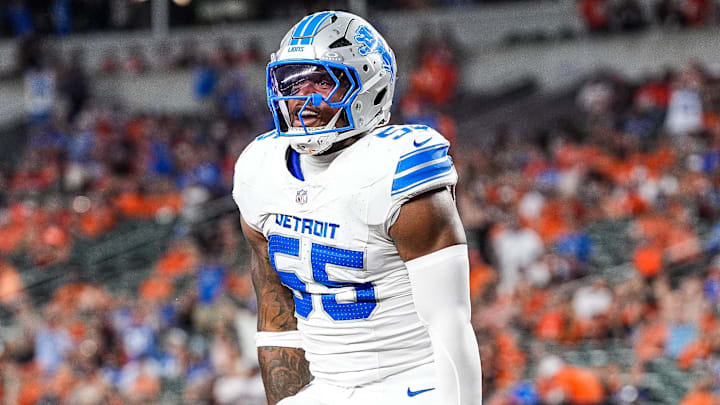 Detroit Lions linebacker Derrick Barnes (55) celebrates a sack against Cincinnati Bengals quarterback Jake Browning (6) during the second half at Paycor Stadium in Cincinnati on Sunday, Oct. 5, 2025.