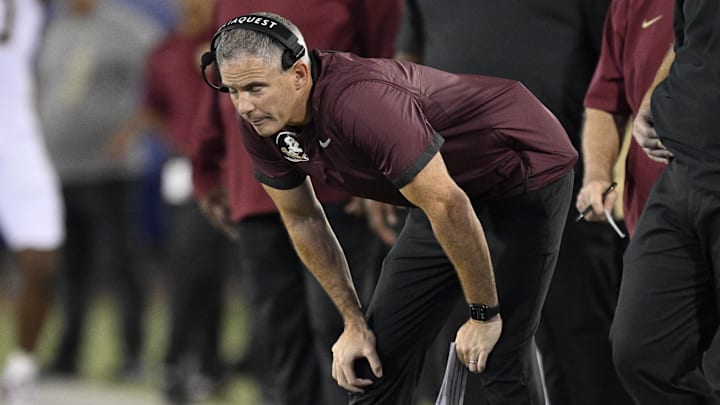 Sep 28, 2024; Dallas, Texas, USA; Florida State Seminoles head coach Mike Norvell during the game between the Southern Methodist Mustangs and the Florida State Seminoles at Gerald J. Ford Stadium. Mandatory Credit: Jerome Miron-Imagn Images