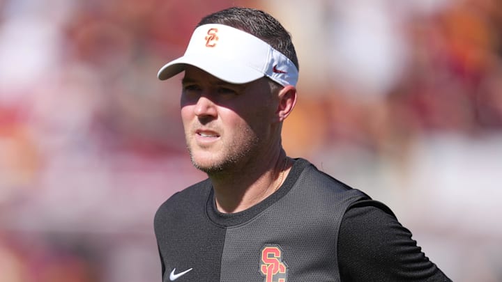 Aug 30, 2025; Los Angeles, California, USA; Southern California Trojans head coach Lincoln Riley reacts during the game against the Missouri State Bears at United Airlines Field at Los Angeles Memorial Coliseum. Mandatory Credit: Kirby Lee-Imagn Images
