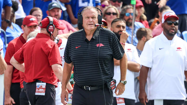 Sep 20, 2025; Memphis, Tennessee, USA; Arkansas Razorbacks head coach Sam Pittman looks on against the Memphis Tigers during the first half at Simmons Bank Liberty Stadium. Mandatory Credit: Wesley Hale-Imagn Images