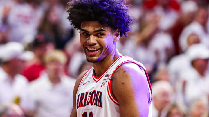 Feb 28, 2026; Tucson, Arizona, USA; Arizona Wildcats forward Koa Peat (10) celebrates during the first half of the game against the Kansas Jayhawks at McKale Memorial Center. Mandatory Credit: Aryanna Frank-Imagn Images Feb 28, 2026; Tucson, Arizona, USA; Arizona Wildcats forward Koa Peat (10) celebrates during the first half of the game against the Kansas Jayhawks at McKale Memorial Center. Mandatory Credit: Aryanna Frank-Imagn Images