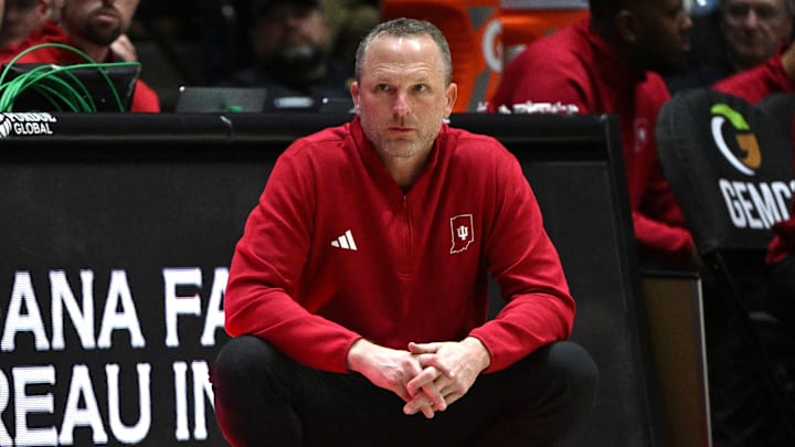Feb 20, 2026; West Lafayette, Indiana, USA; Indiana Hoosiers head coach Darian Devries during the second half against the Purdue Boilermakers at Mackey Arena. Mandatory Credit: Marc Lebryk-Imagn Images
