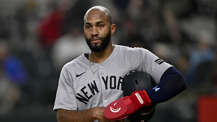 Aug 4, 2025; Arlington, Texas, USA; New York Yankees right fielder Amed Rosario (14) during the game between the Texas Rangers and the New York Yankees at Globe Life Field. Mandatory Credit: Jerome Miron-Imagn Images Aug 4, 2025; Arlington, Texas, USA; New York Yankees right fielder Amed Rosario (14) during the game between the Texas Rangers and the New York Yankees at Globe Life Field. Mandatory Credit: Jerome Miron-Imagn Images
